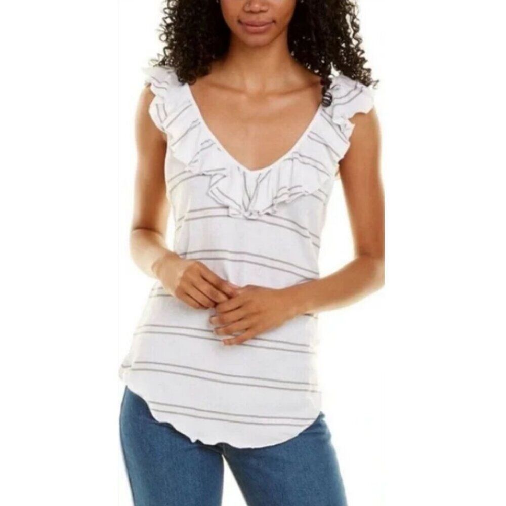 CHASER Ruffle Tank Top Double V-Neck M Striped Curved Raw Lettuce Hem White/Grey